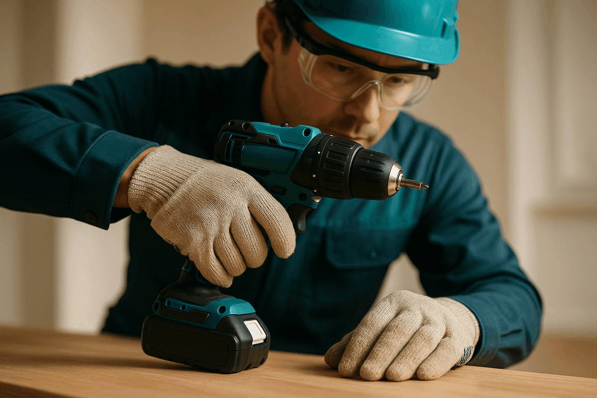 Close-up of gloved hands drilling wood indoors with safety goggles and helmet